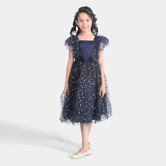 Girls Net Fancy Frock Glitter-NAVY