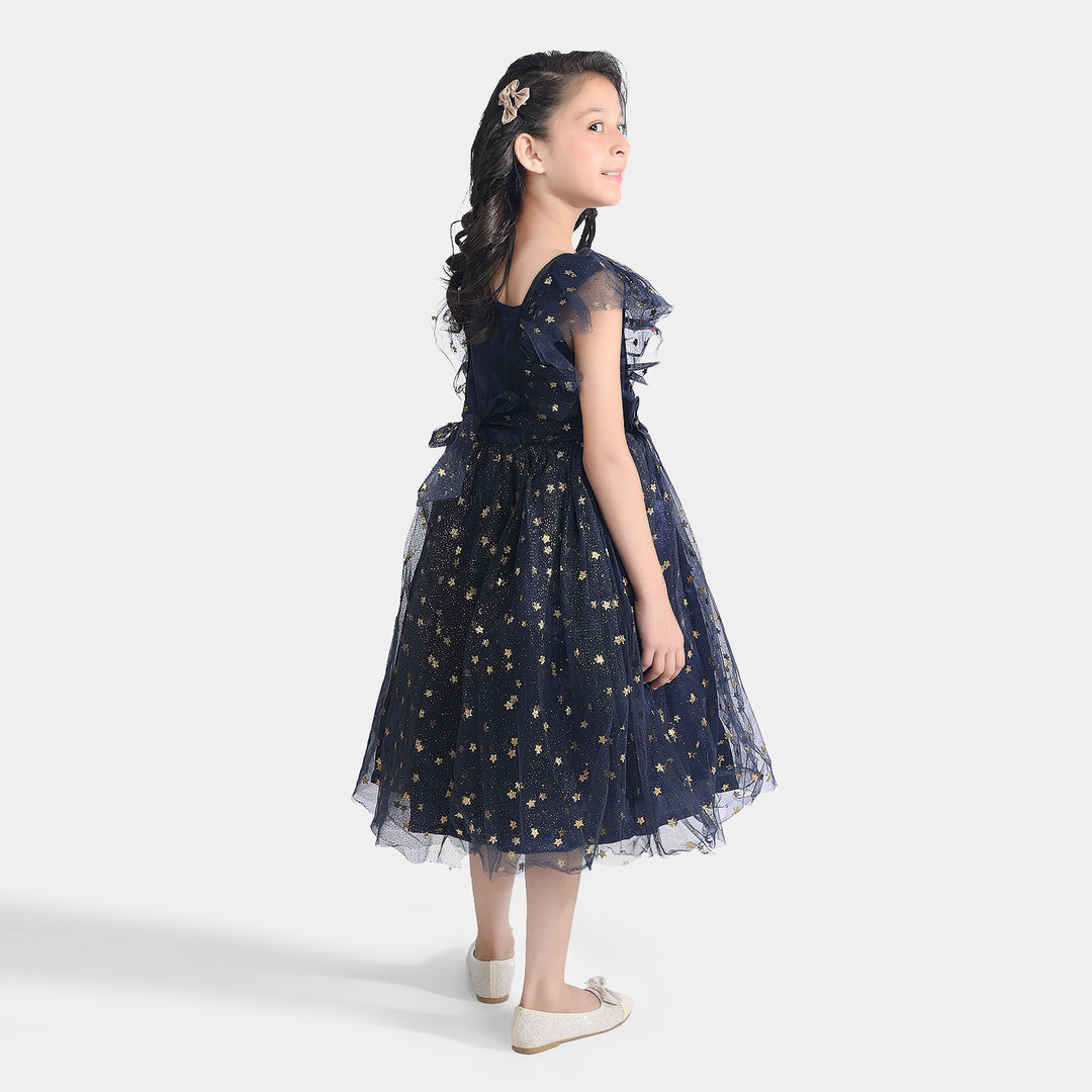 Girls Net Fancy Frock Glitter-NAVY
