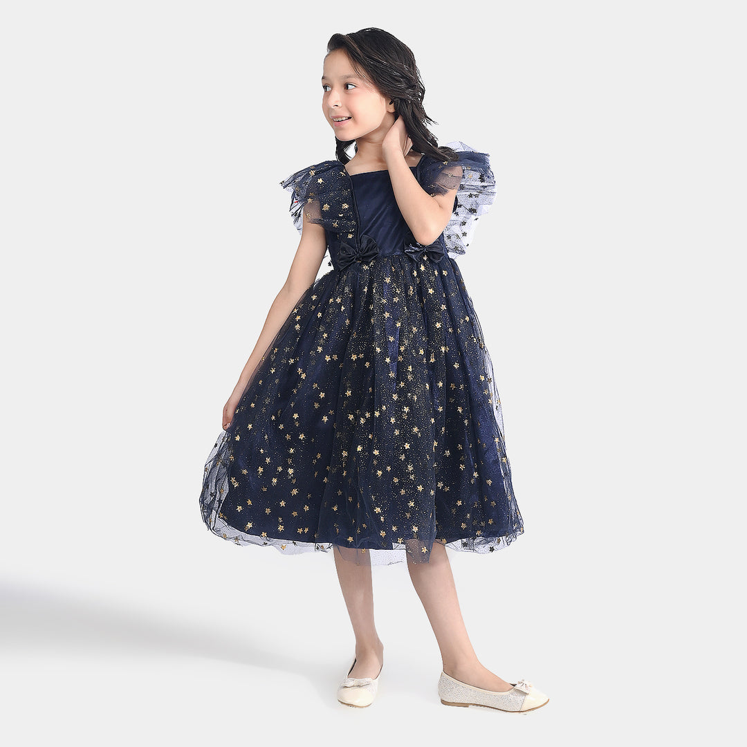 Girls Net Fancy Frock Glitter-NAVY