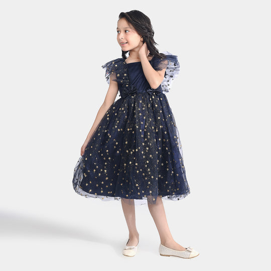 Girls Net Fancy Frock Glitter-NAVY