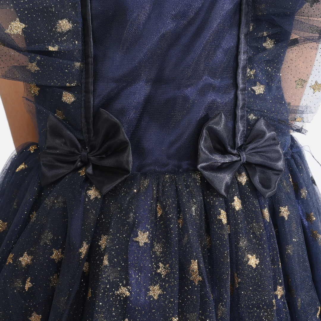 Girls Net Fancy Frock Glitter-NAVY
