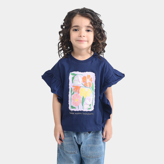 Girls Cotton Jersey T-Shirt H/S Happy Thoughts-Navy Blue