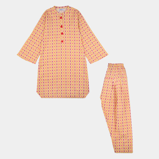 Girls Cotton Printed 2-Piece Ikhat Set - Multi