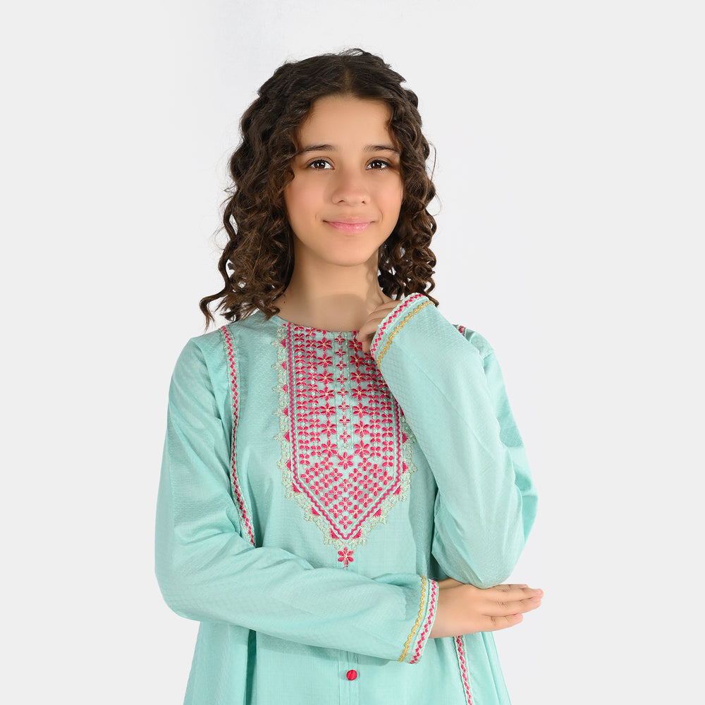 Girls Jacquard Embroidered 2-Pc Set (Naqsh) - Mint Green