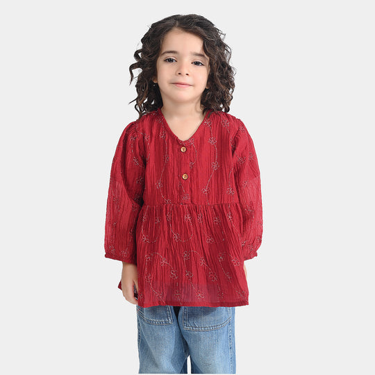Girls Chiffon Emb Top Spray Rose-MAROON