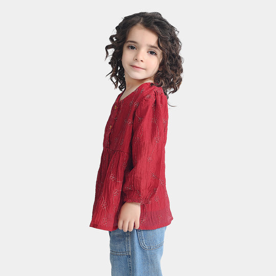 Girls Chiffon Emb Top Spray Rose-MAROON