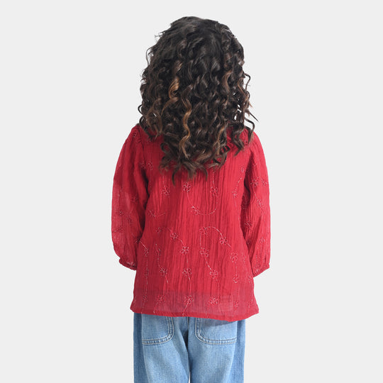 Girls Chiffon Emb Top Spray Rose-MAROON
