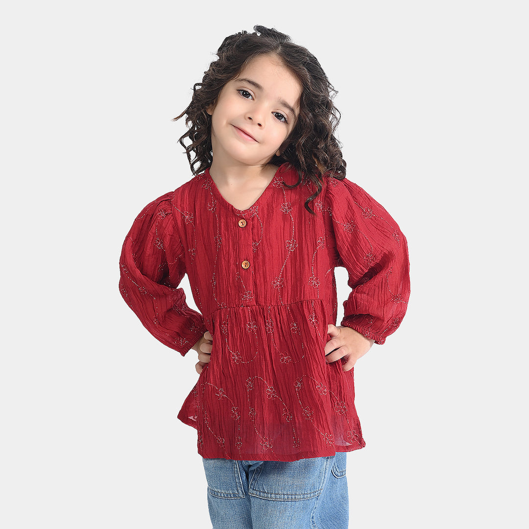 Girls Chiffon Emb Top Spray Rose-MAROON