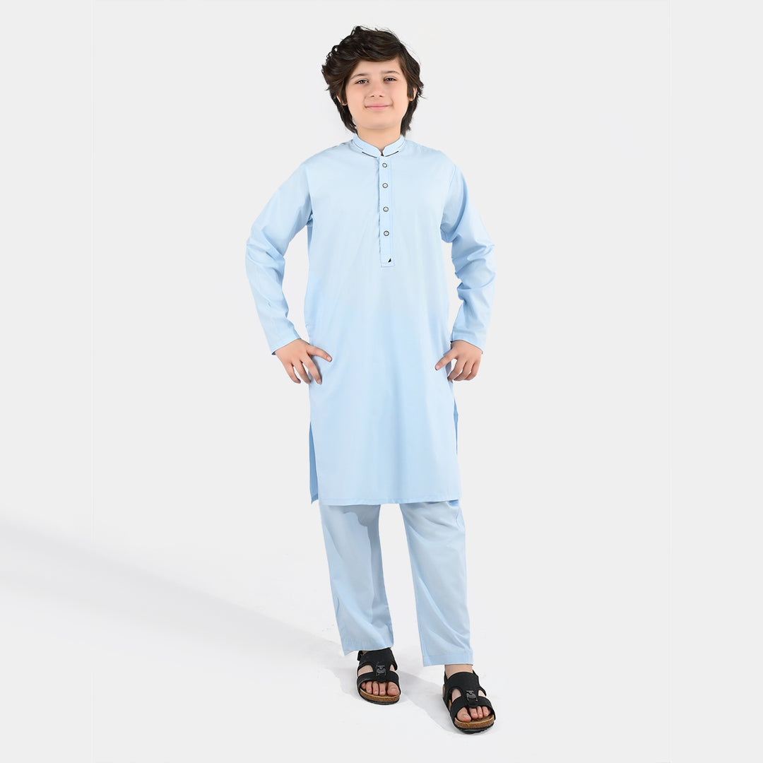 Boys Poly Viscose Kurta Pajama (Cut Collar) - Light Blue