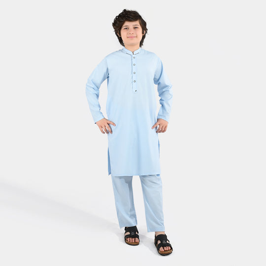 Boys Poly Viscose Kurta Pajama (Cut Collar) - Light Blue