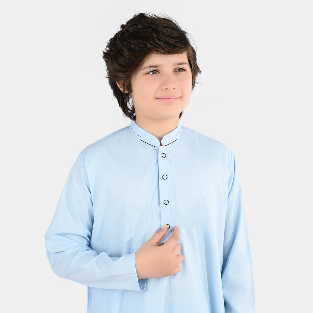 Boys Poly Viscose Kurta Pajama (Cut Collar) - Light Blue
