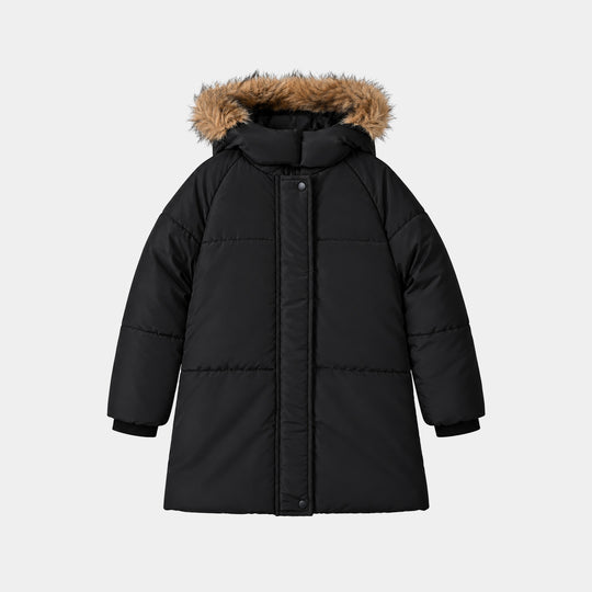 Girls Polyester Quilted Jacket Fur-BLACK