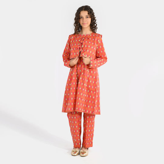 Girls Cotton Printed 3Pcs Pink Koti – Multi