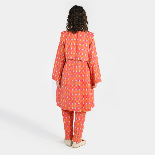 Girls Cotton Printed 3Pcs Pink Koti – Multi