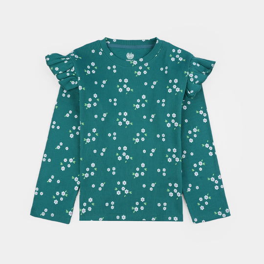 Girls Rib T-Shirt F/S Flowers-Everglade