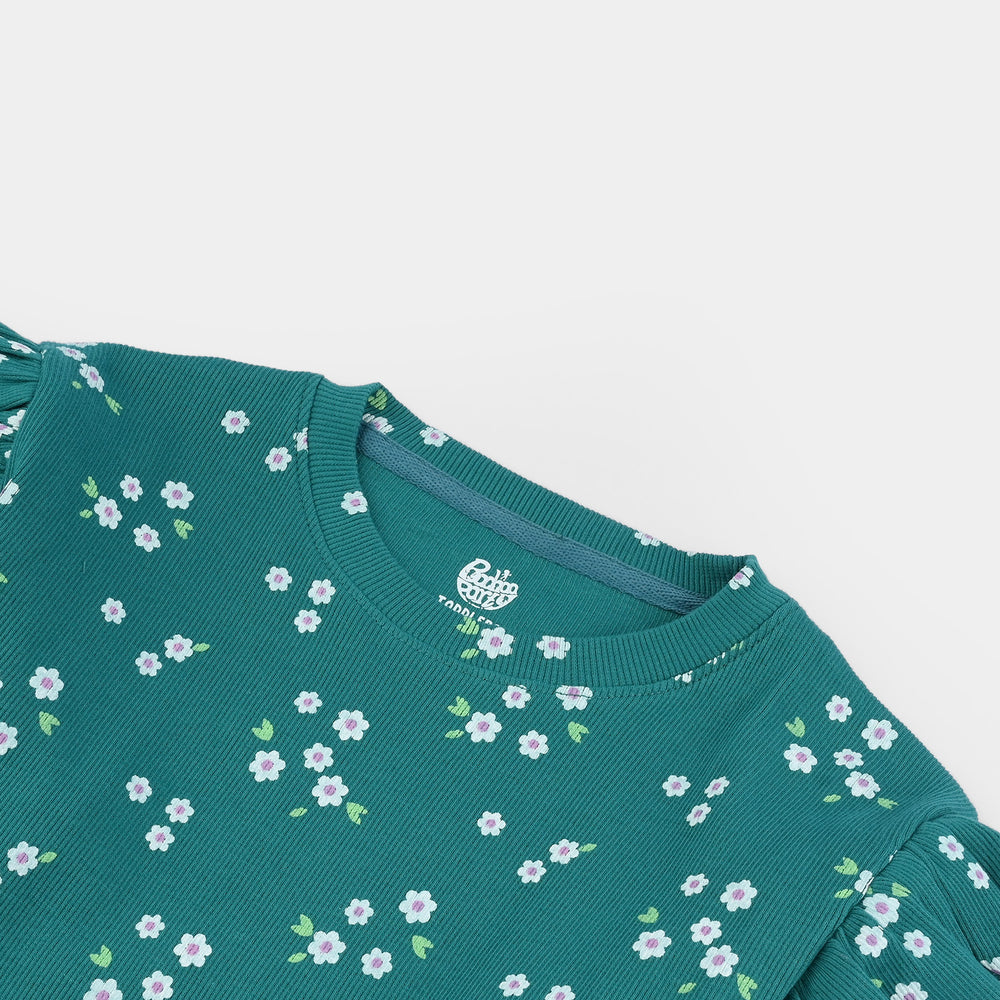 Girls Rib T-Shirt F/S Flowers-Everglade