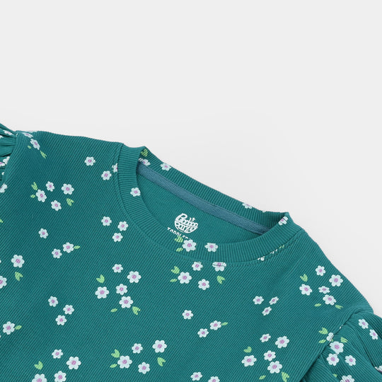 Girls Rib T-Shirt F/S Flowers-Everglade