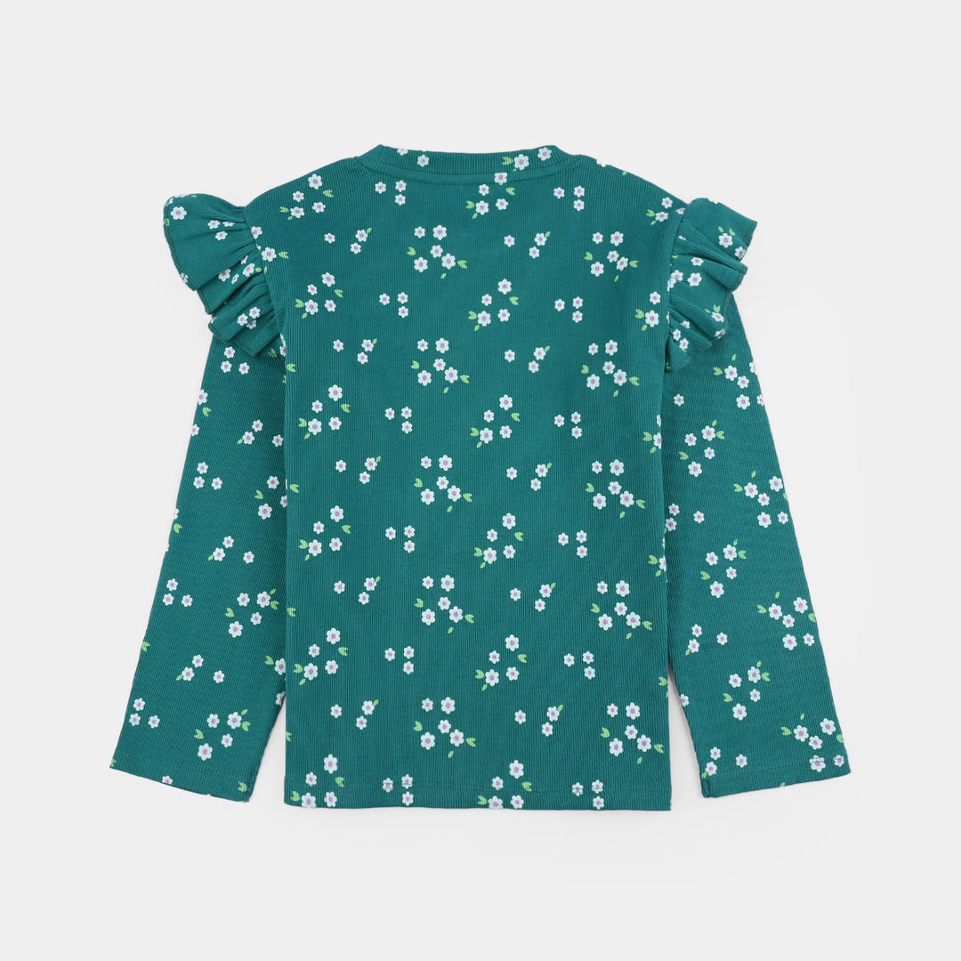Girls Rib T-Shirt F/S Flowers-Everglade