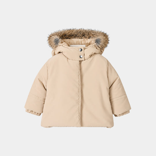 Infant Girls Polyester Quilted Jacket Fur Hood-BEIGE
