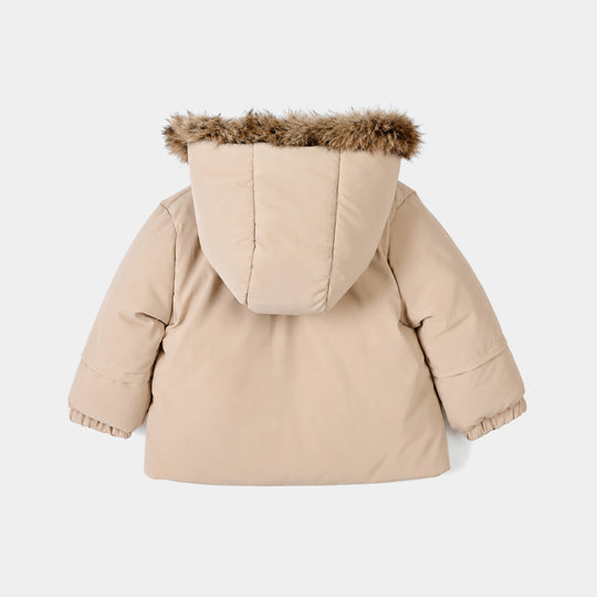 Infant Girls Polyester Quilted Jacket Fur Hood-BEIGE