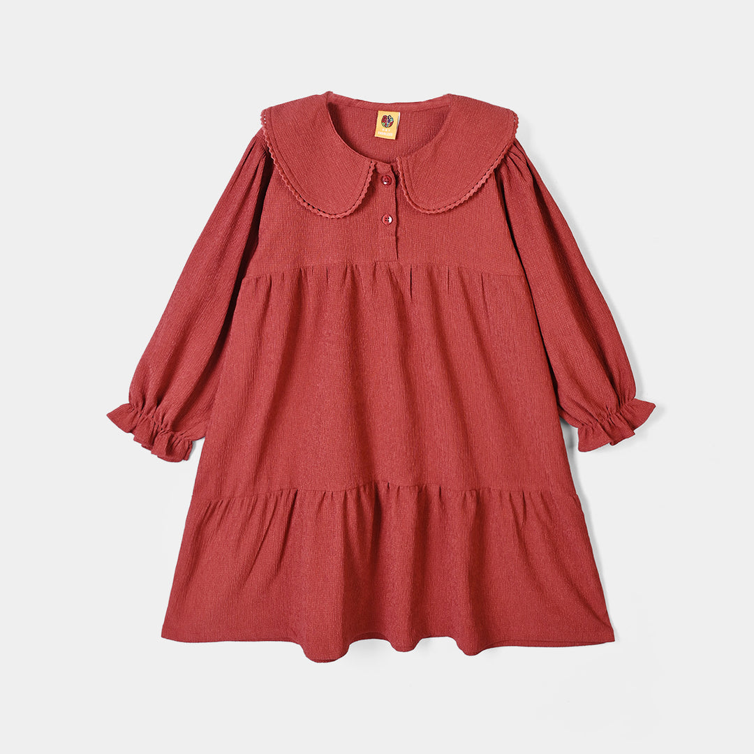 Girls Poly Crinkle Casual Frock Wave-Red