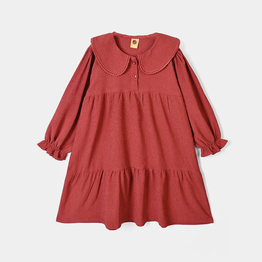 Girls Poly Crinkle Casual Frock Wave-Red