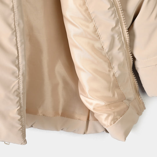 Infant Girls Polyester Quilted Jacket Fur Hood-BEIGE