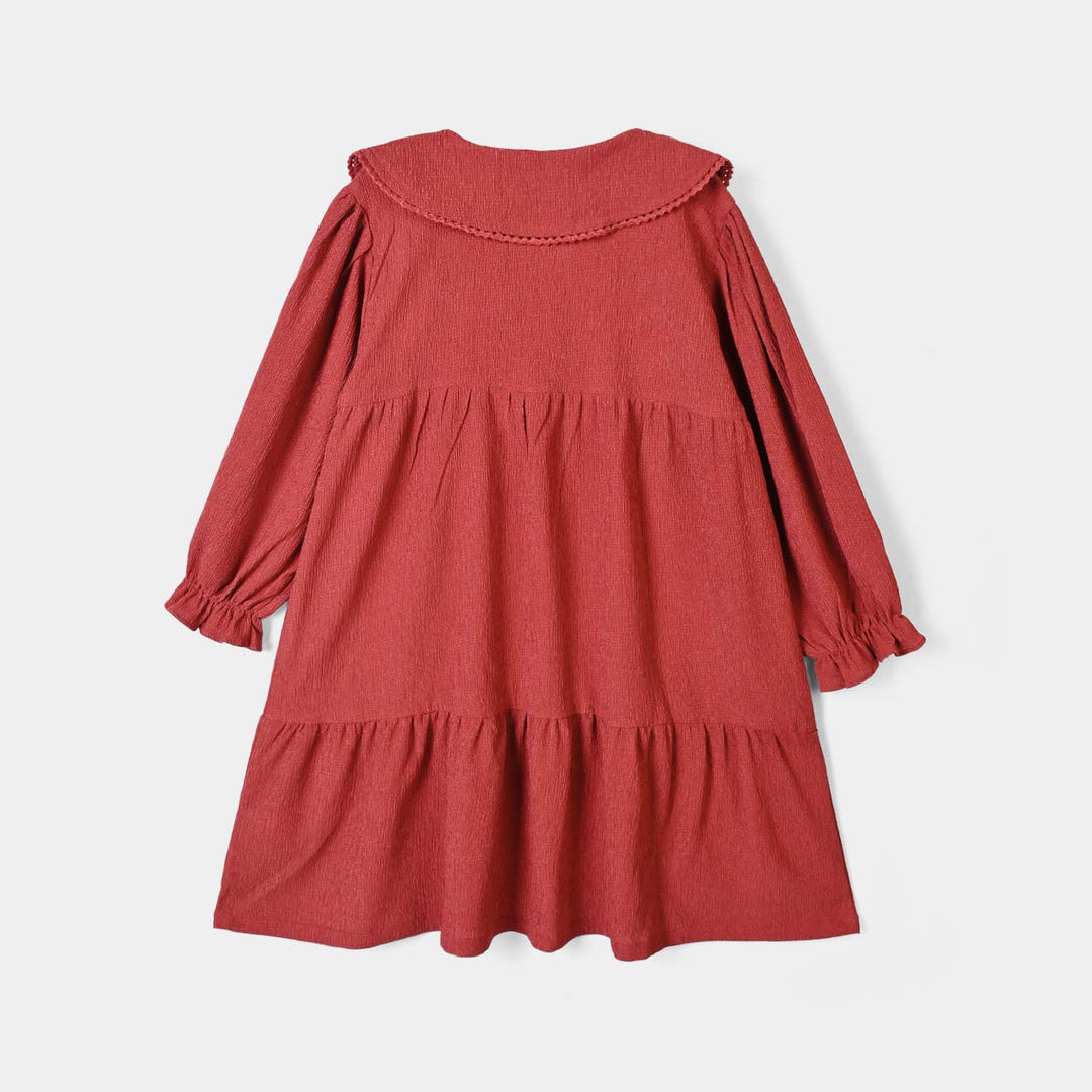 Girls Poly Crinkle Casual Frock Wave-Red