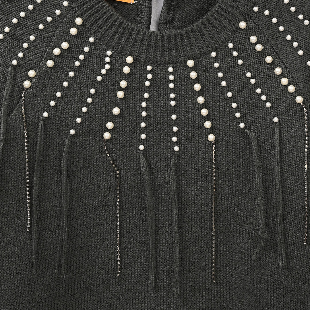 Girls F/S Sweater Pearl Stripes-CHARCOAL