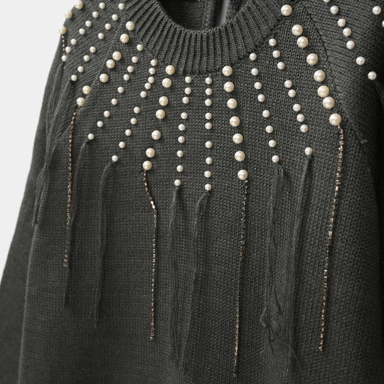 Girls F/S Sweater Pearl Stripes-CHARCOAL