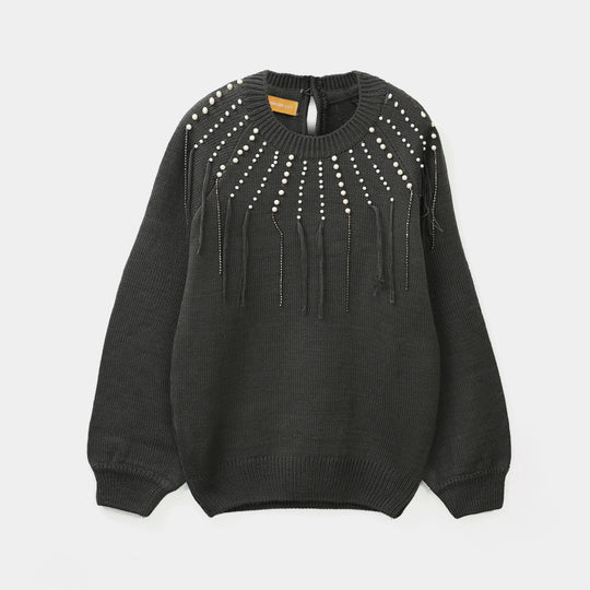 Girls F/S Sweater Pearl Stripes-CHARCOAL