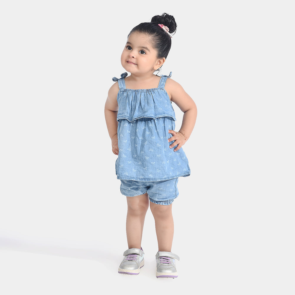 Infant Girls Tensile Denim (Light Denim) 2PC Fashion Bow-Blue