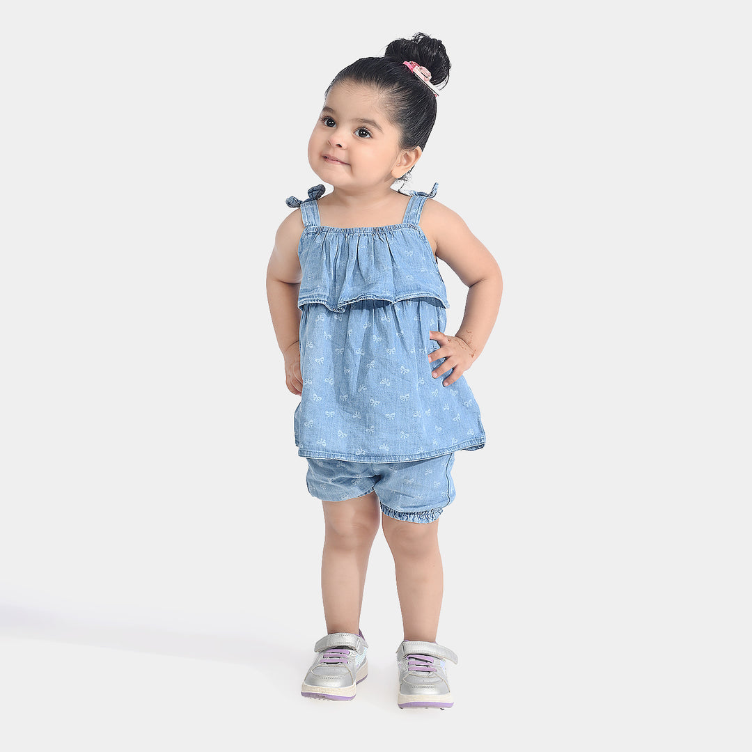 Infant Girls Tensile Denim (Light Denim) 2PC Fashion Bow-Blue