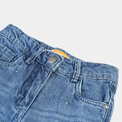 Girls Denim Pant Studs-Mid Blue