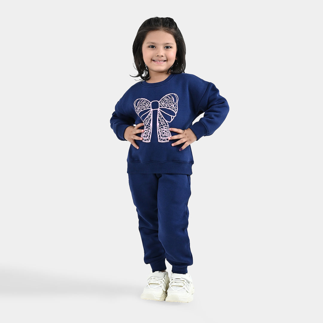 Girls Fleece 2 Piece Suit Lace Bow - NAVY