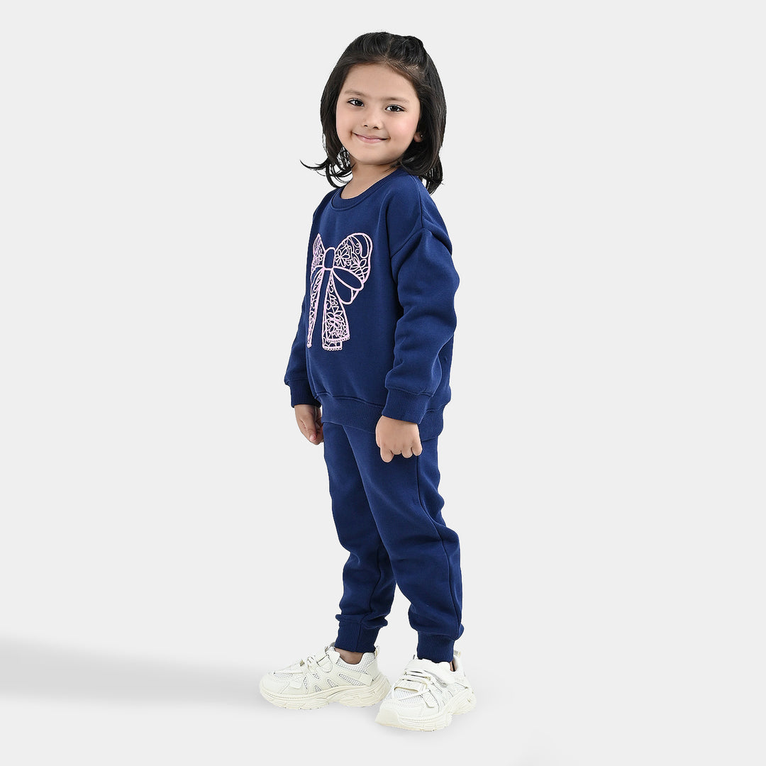 Girls Fleece 2 Piece Suit Lace Bow - NAVY