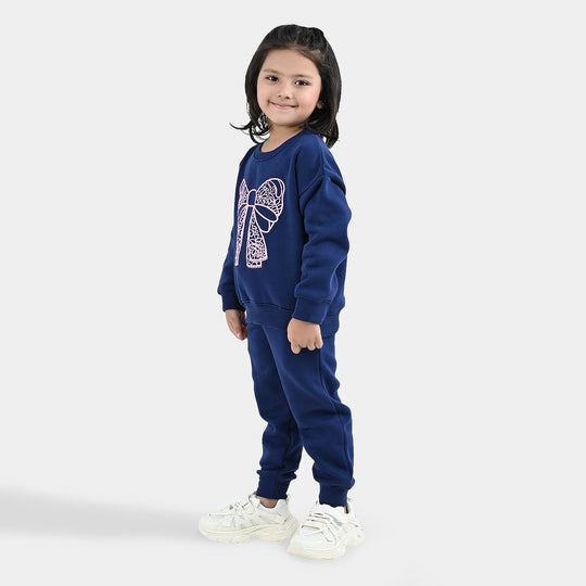Girls Fleece 2 Piece Suit Lace Bow - NAVY