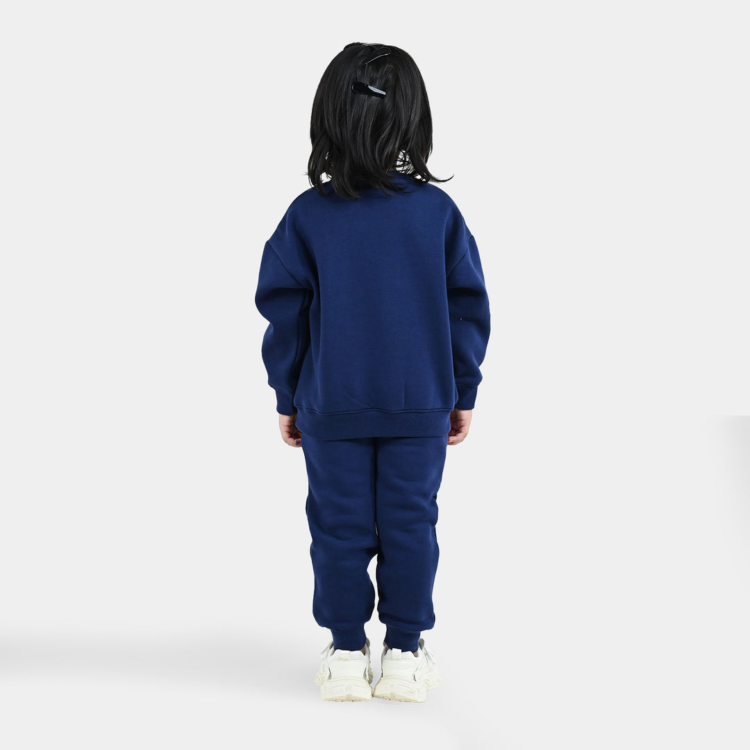 Girls Fleece 2 Piece Suit Lace Bow - NAVY