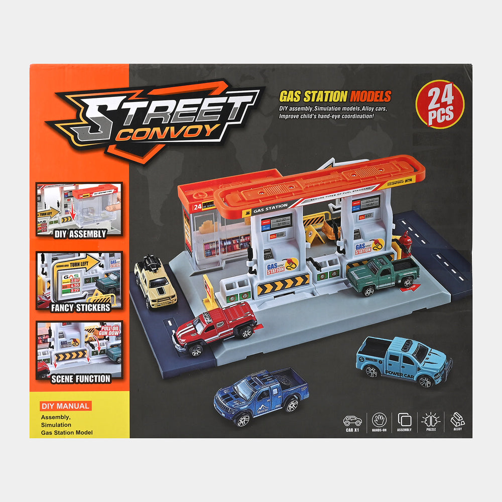 Gas Station With Vehicle Play Set For Kids