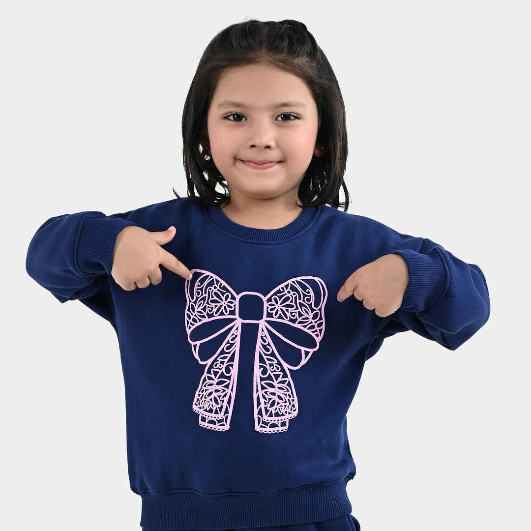 Girls Fleece 2 Piece Suit Lace Bow - NAVY