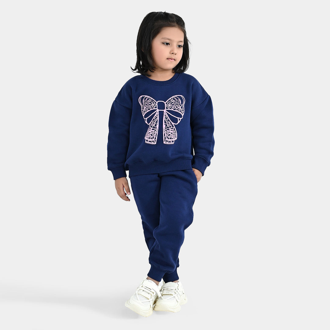 Girls Fleece 2 Piece Suit Lace Bow - NAVY