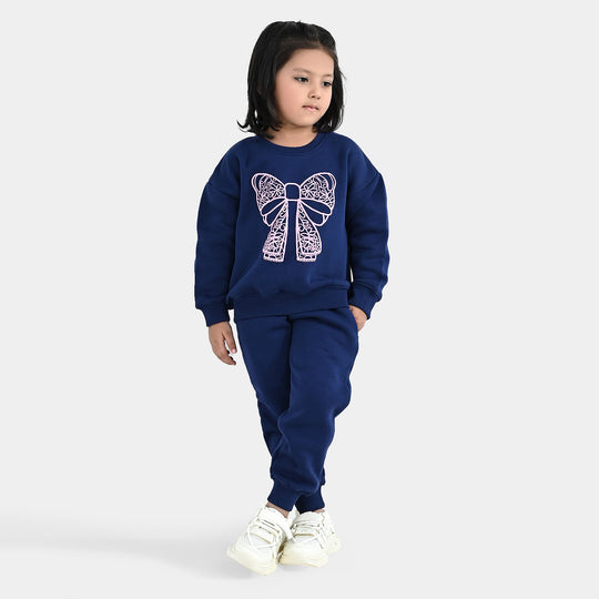 Girls Fleece 2 Piece Suit Lace Bow - NAVY