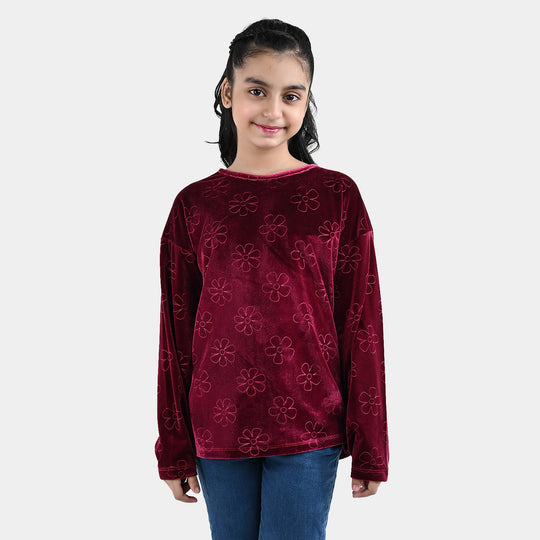 Girls Embossed Velvet Sweatshirt Tear Drop - Maroon