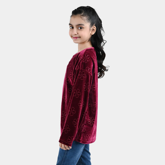Girls Embossed Velvet Sweatshirt Tear Drop - Maroon