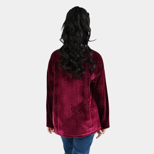 Girls Embossed Velvet Sweatshirt Tear Drop - Maroon