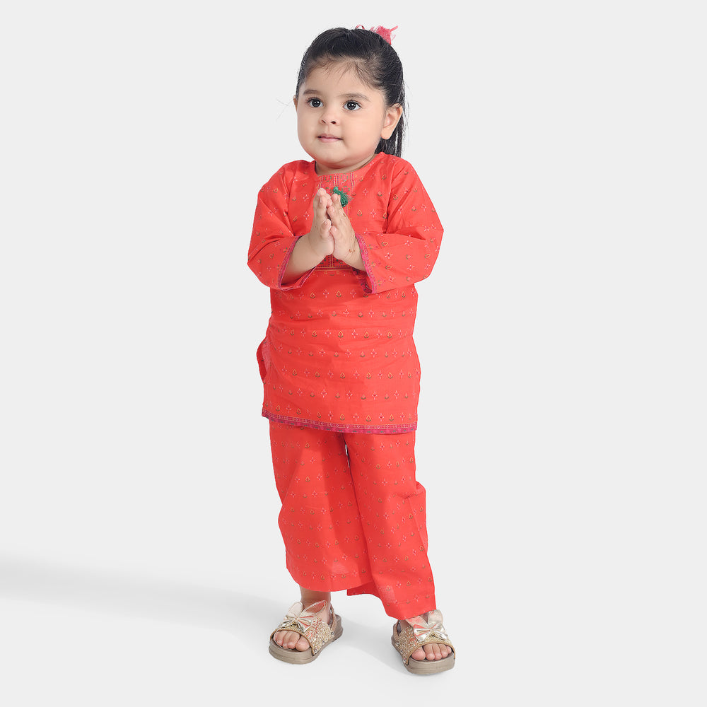 Infant Girls Cotton Poplin Printed 2Pcs Cross Stitch-ORANGE