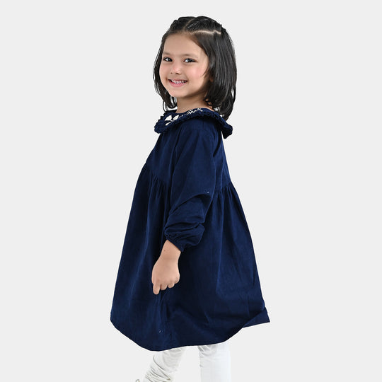 Girls Corduroy Emb Casual Frock Carbon - Navy Blue