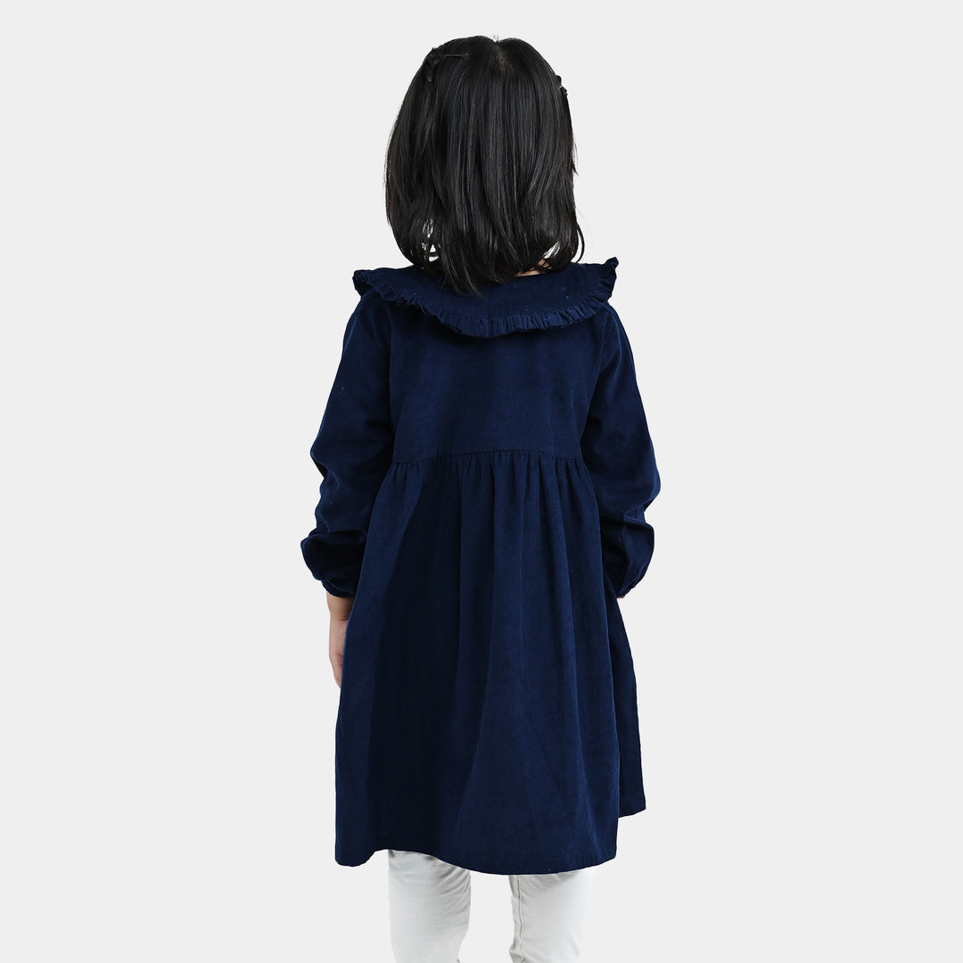 Girls Corduroy Emb Casual Frock Carbon - Navy Blue