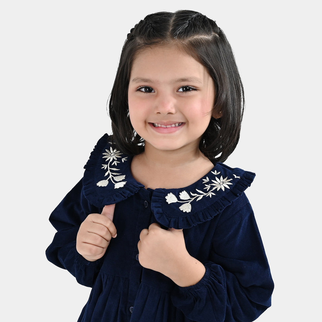Girls Corduroy Emb Casual Frock Carbon - Navy Blue