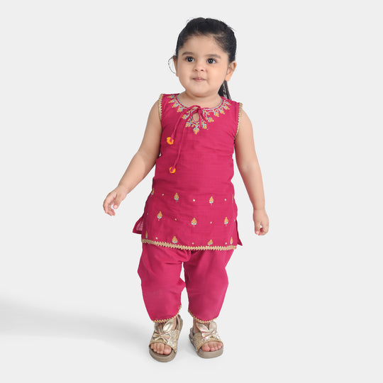 Infant Girls Cotton Slub Emb 2Pcs Magenta-Bright Pink